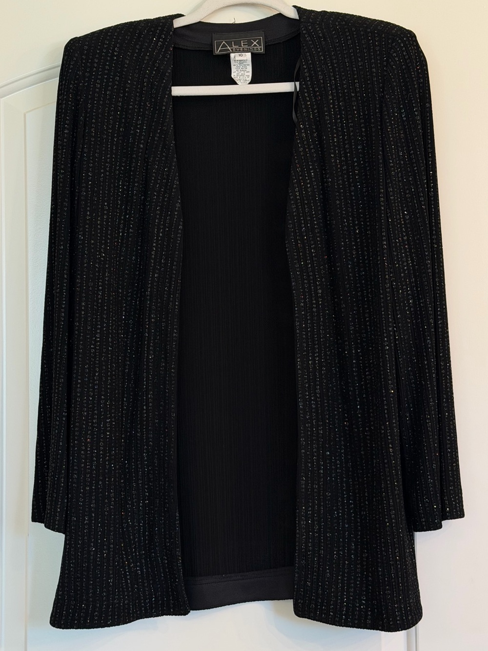 Alex Evenings Black Sparkle Open-Front Formal Jacket, stretchy, size 10